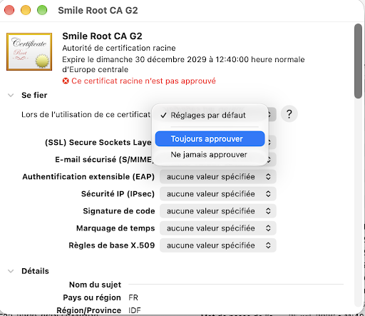 Set certificate trust to Always Trust in Keychain Access
